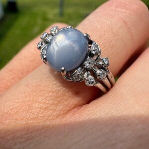 14k White Gold Genuine Natural Star Sapphire & Single Cut Natural Diamond 5.5